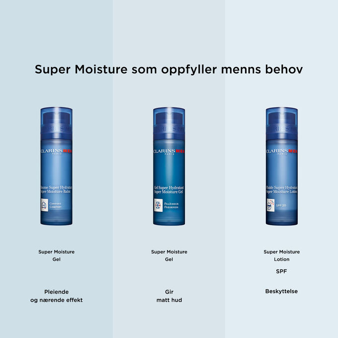 Clarins' hudpleieserie for menn, laget for å oppfylle alle menns behov, uansett om det gjelder hydrering eller beskyttelse av huden.