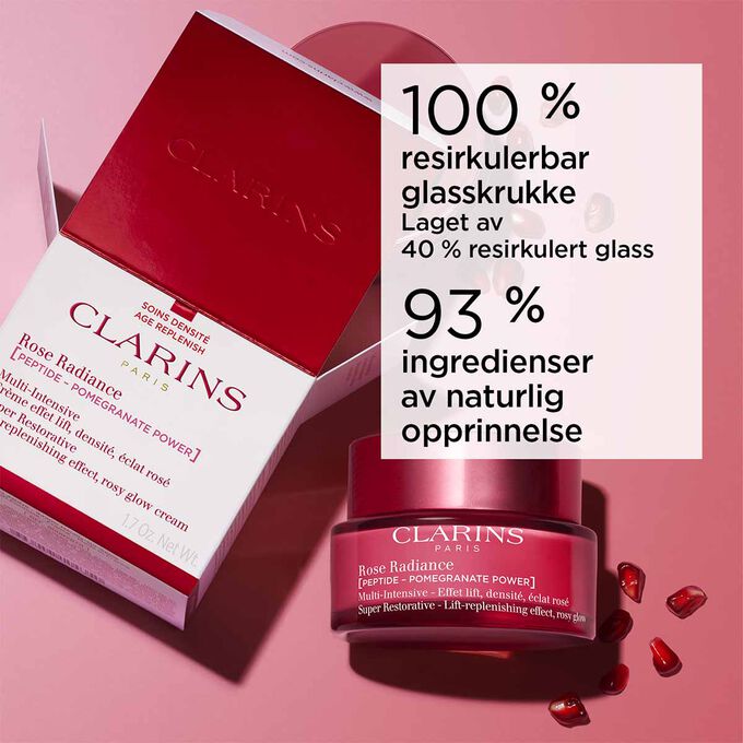 Super Restorative Rose Radiance med 100 % resirkulerbar glasskrukke og 93 % ingredienser av naturlig opprinnelse.