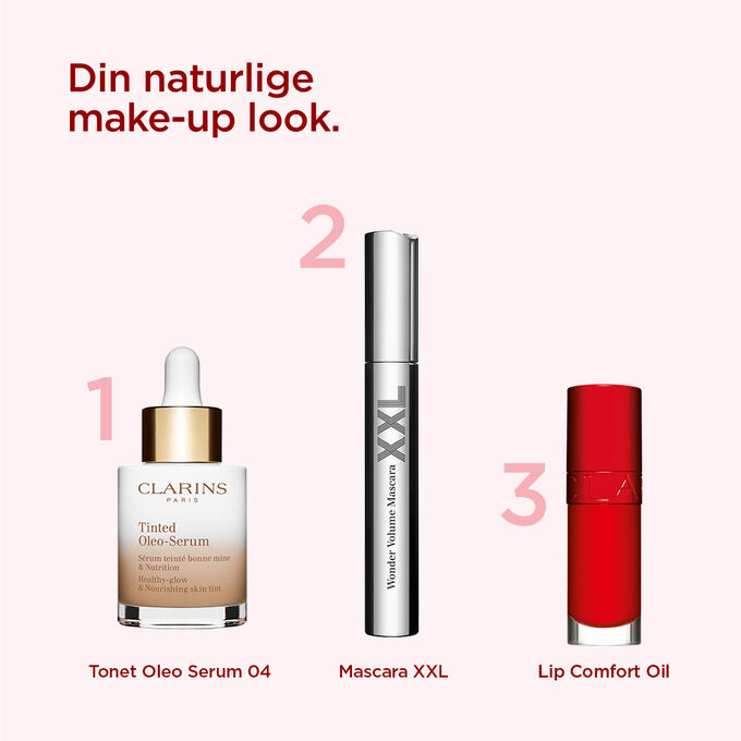 Clarins makeup-utvalg for å oppnå et naturlig utseende, med et farget serum, voluminiserende mascara og rød leppeolje.