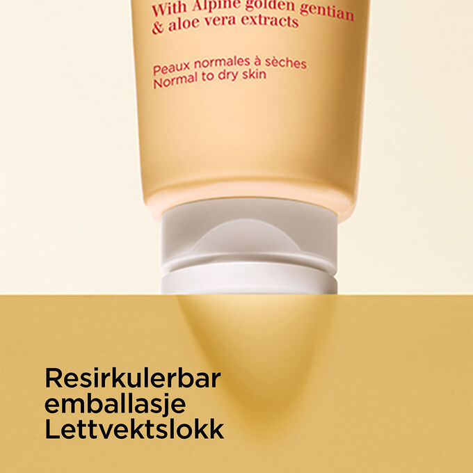 Fokus p&aring; lokket p&aring; den milde skummende rensen for &aring; illustrere den resirkulerbare emballasjen og det lette lokket.