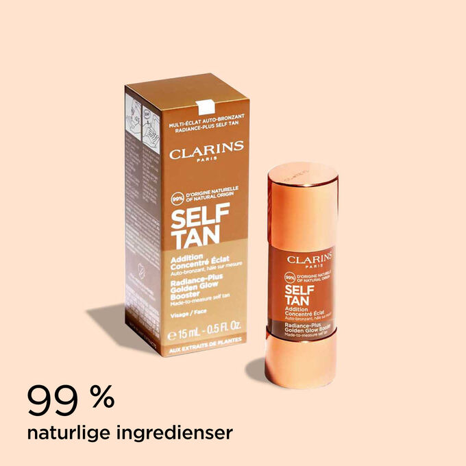 Bilde av Clarins Radiance-Plus Golden Glow Booster og emballasjen for å illustrere det naturlige opphavet til ingrediensene