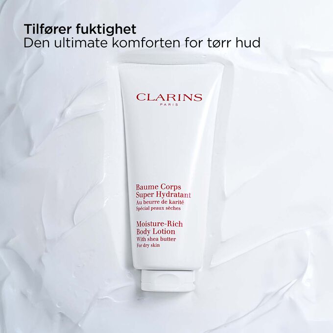Pakkebilde av Clarins Moisture-Rich Body Lotion, som fremhever de fuktighetsgivende egenskapene for den ultimate komforten for tørr hud.