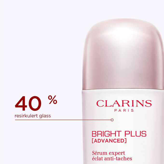 N&aelig;rbilde av toppen p&aring; Bright Plus Expert Serum-flasken som viser at den er laget av 40 % resirkulert glass.