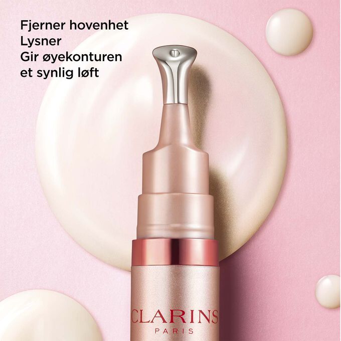 Clarins V Shaping Facial Lift Eye Cream, med tekst som fremhever reduksjon av hovenhet, oppfriskning og en oppløftende effekt på øyekonturen.
