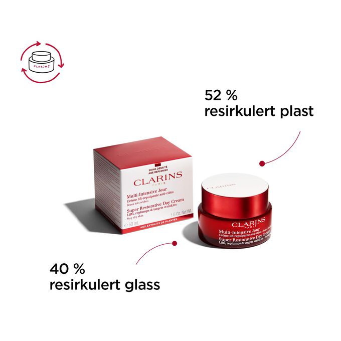Super-Restorative Day Cream Dry skin, beholder og emballasje fra resirkulert glass og resirkulert plast