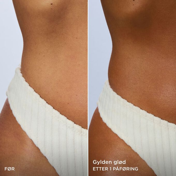 F&oslash;r- og etterbilde av en kvinnes kropp som viser en naturlig gyllen gl&oslash;d etter &eacute;n p&aring;f&oslash;ring av Clarins Body Self-Tan Lotion.
