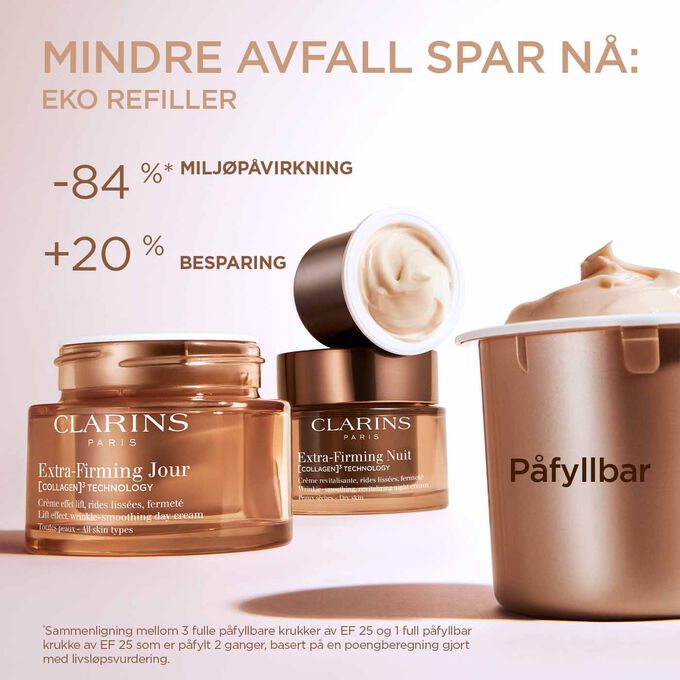 Focus on the Extra Firming Day Cream packaging to illustrate that refillable day cream is a sustainable and economical option.