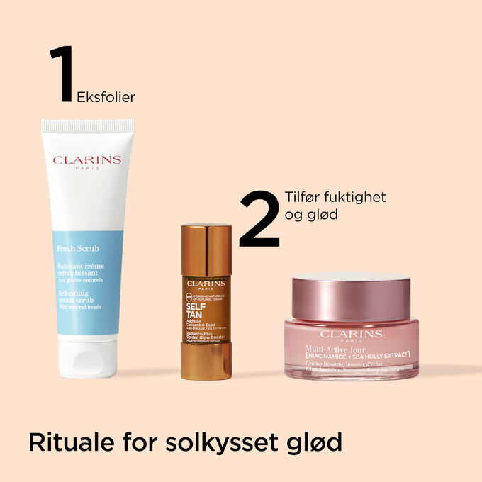 Pakkebilde av Clarins' selvbruningsrutine for gradvis brunfarge for en solkysset hudtone uten sol