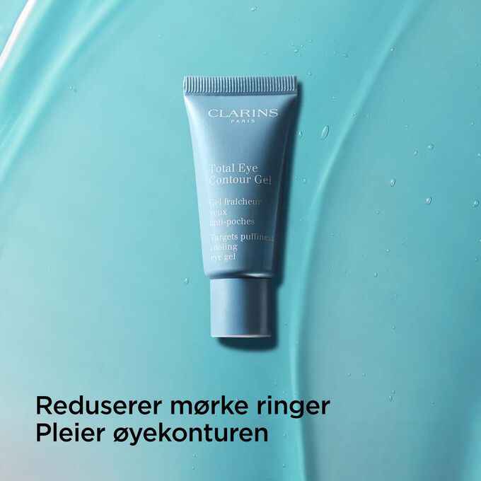 Pakkebilde av Clarins Total Eye Contour Gel med tekst som fremhever evnen til å redusere mørke ringer og pleie øyekonturen
