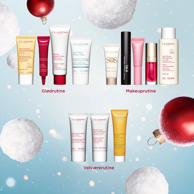 Packshot av 12 Days Makeup julekalender med 2 produkter i full size, 7 prøver og 3 minis fra Clarins essentials-sortiment. Packshot av 12 Days Makeup julekalender med 2 produkter i full size, 7 prøver og 3 minis fra Clarins essentials-sortiment.