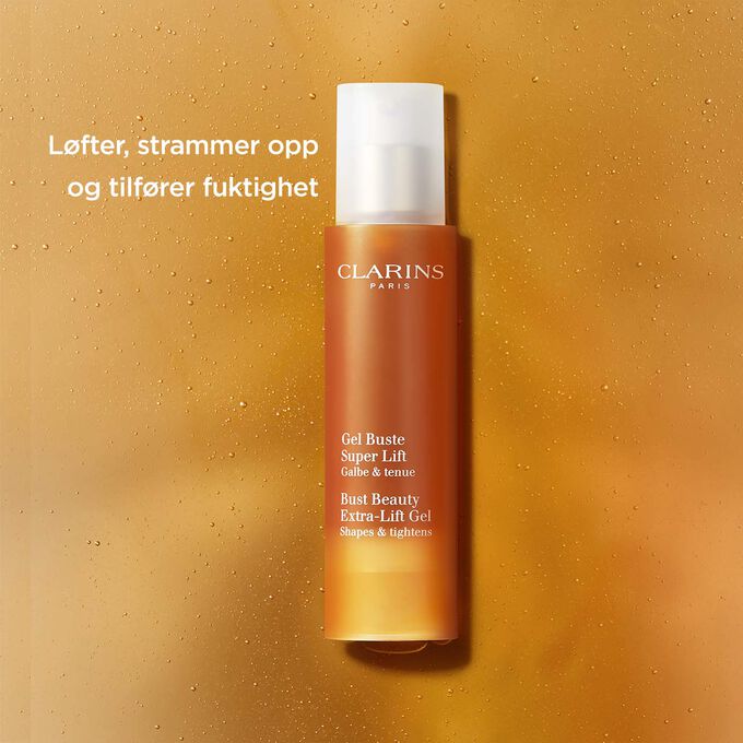 Pakkebilde av Clarins Bust Beauty Extra-Lift Gel med tekst som fremhever den oppstrammende og fuktighetsgivende effekten til produktet.