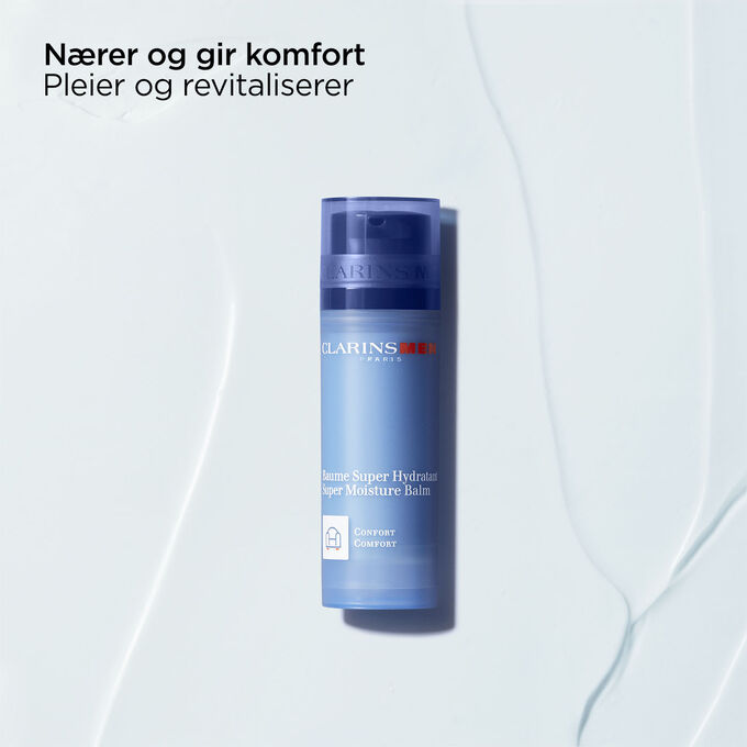 Pakkebilde av ClarinsMen Super Moisture Balm med tekst som fremhever produktets pleiende og revitaliserende egenskaper.