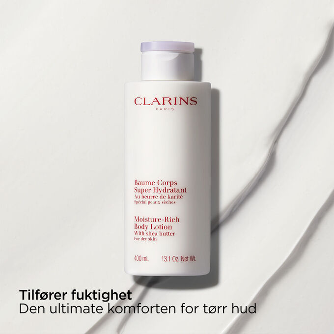 Pakkebilde av Clarins Moisture-Rich Body Lotion med tekst som fremhever den nærende effekten produktet har på huden.