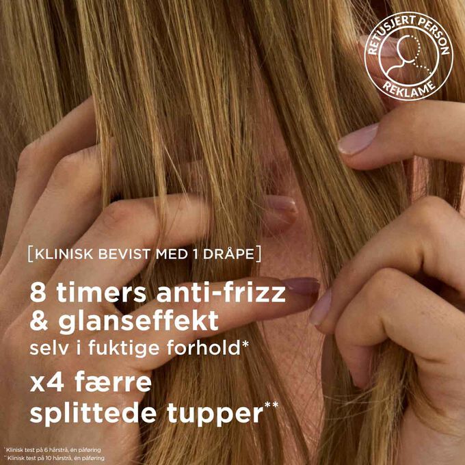 Anti-frizz h&aring;roljebehandling i &aring;tte timer med glans og fire ganger f&aelig;rre splittede tupper, selv i fuktige forhold.