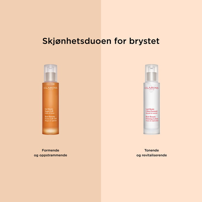 Pakkebilde av Clarins' Bust Beauty-duo: Extra-Lift Gel og Firming Lotion, det perfekte paret for å forme, stramme opp, tone og regenerere